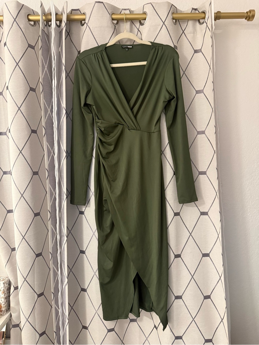 Fashion Nova Olive Green Ruched Wrap Midi Dress Size L